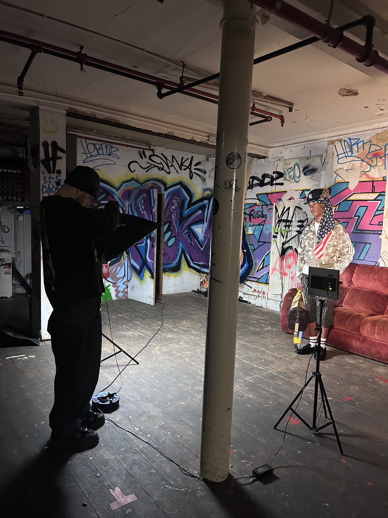 Lighting and camera equipment arranged for a location portrait