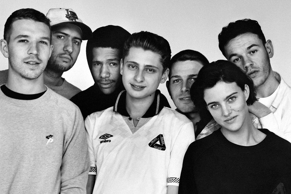 Palace Skateboards team photographed together in black and white